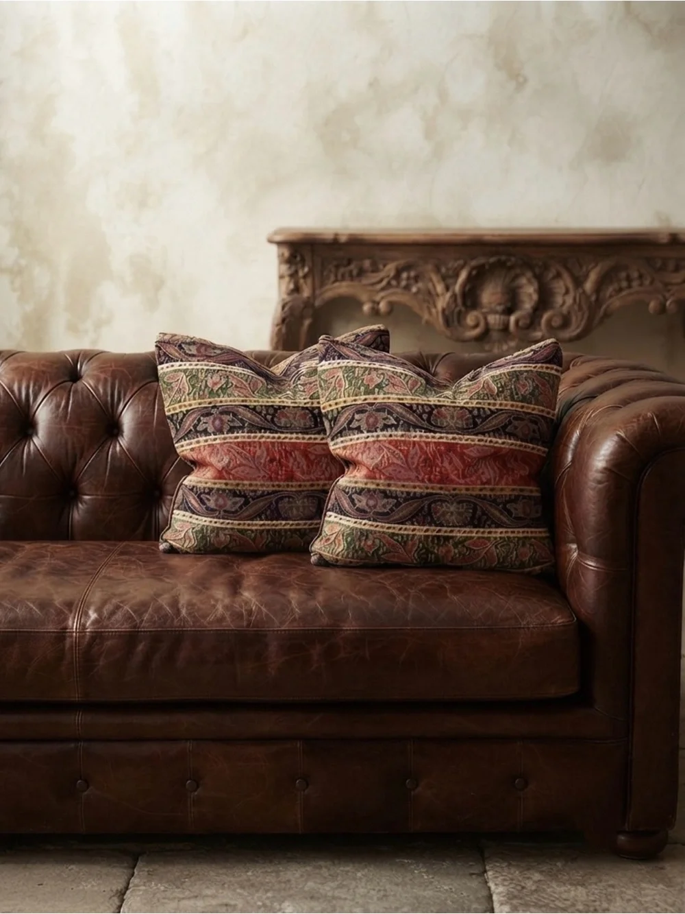 Pair VTG Custom 22x22 Feather Down Jacquard Tapestry Upholstery Designer Pillows